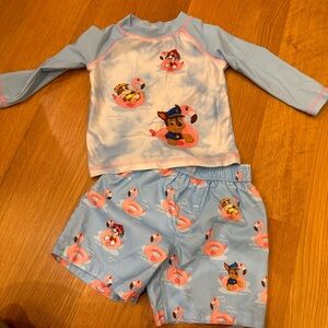 Paw Patrol Light Blue Rash Guard & Swim Shorts Set Size 18 Months Summer Beach